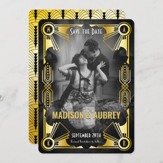 Geweldige Gatsby Art Deco bruiloft Goud & Zwart Fo Save The Date (Voorkant / Achterkant)