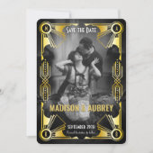 Geweldige Gatsby Art Deco bruiloft Goud & Zwart Fo Save The Date (Voorkant)