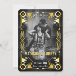 Geweldige Gatsby Art Deco bruiloft Goud & Zwart Fo Save The Date