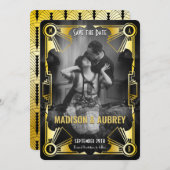 Geweldige Gatsby Art Deco bruiloft Goud & Zwart Fo Save The Date (Voorkant / Achterkant)