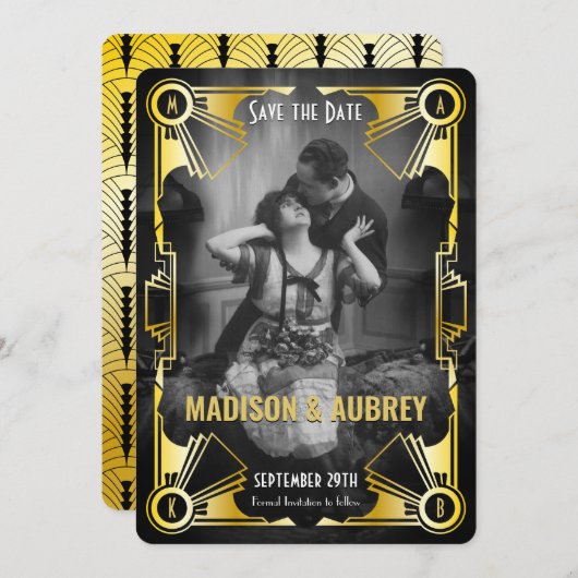 Geweldige Gatsby Art Deco bruiloft Goud & Zwart Fo Save The Date (Voorkant / Achterkant)