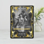 Geweldige Gatsby Art Deco bruiloft Goud & Zwart Fo Save The Date (Staand voorkant)