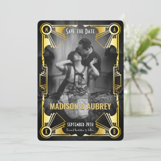 Geweldige Gatsby Art Deco bruiloft Goud & Zwart Fo Save The Date (Staand voorkant)