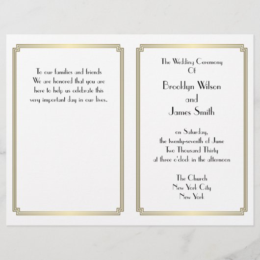 Geweldige Gatsby Art Deco Gold White Wedding Progr (Voorkant)