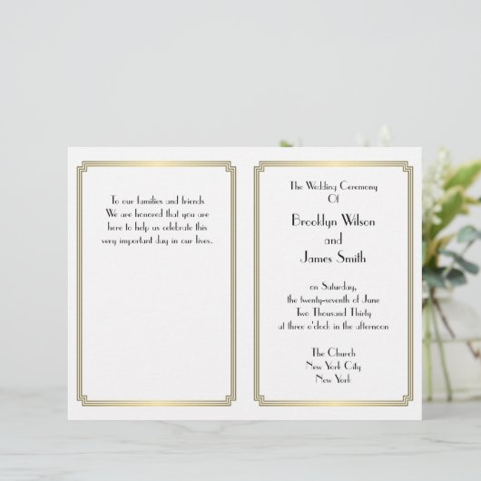 Geweldige Gatsby Art Deco Gold White Wedding Progr (Staand voorkant)