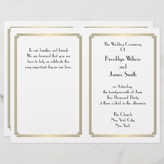 Geweldige Gatsby Art Deco Gold White Wedding Progr (Voorkant / Achterkant)