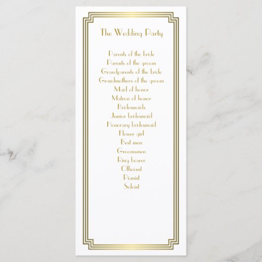 Geweldige Gatsby Art Deco Gold White Wedding Progr Programmakaart (Achterkant)