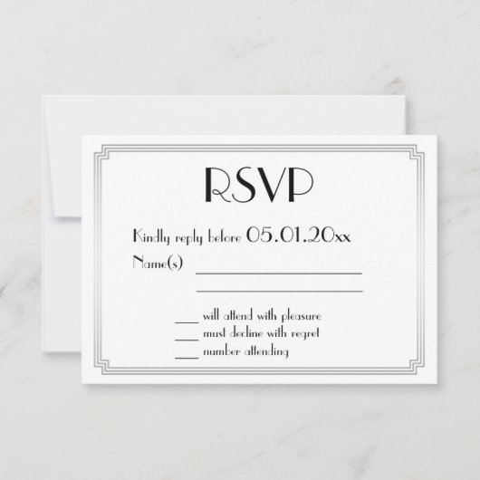 Geweldige Gatsby Art Deco Silver Wedding RSVP-Kaar RSVP Kaartje (Voorkant)