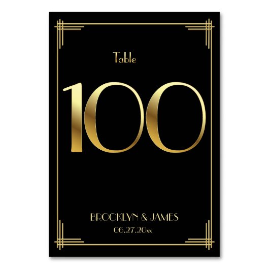 Geweldige Gatsby Art Deco Table Number 100 Gold Bl Kaart (Voorkant)