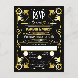 Geweldige Gatsby Art Deco Wedding Gold & Black RSV Uitnodiging Briefkaart