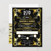 Geweldige Gatsby Art Deco Wedding Gold & Black RSV Uitnodiging Briefkaart (Voorkant / Achterkant)