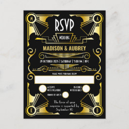 Geweldige Gatsby Art Deco Wedding Gold & Black RSV Uitnodiging Briefkaart