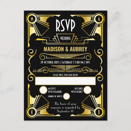 Geweldige Gatsby Art Deco Wedding Gold & Black RSV Uitnodiging Briefkaart (Voorkant)