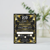Geweldige Gatsby Art Deco Wedding Gold & Black RSV Uitnodiging Briefkaart (Staand voorkant)