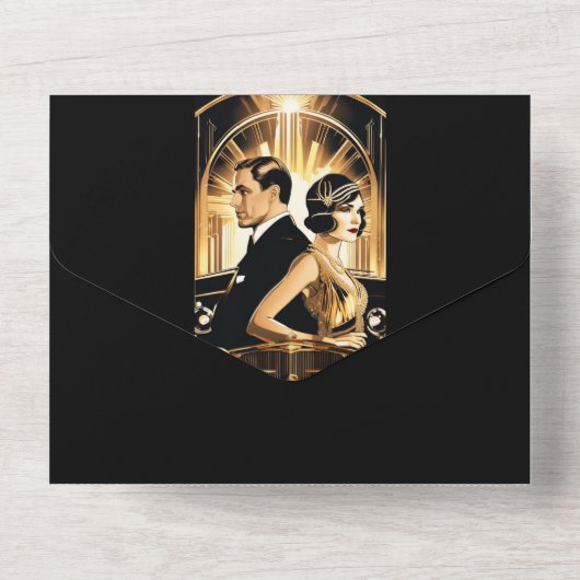 Geweldige gatsby bruiloft brullende twintiger brui all in one uitnodiging (Achterkant)