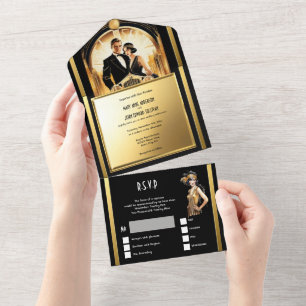 Geweldige gatsby bruiloft brullende twintiger brui all in one uitnodiging