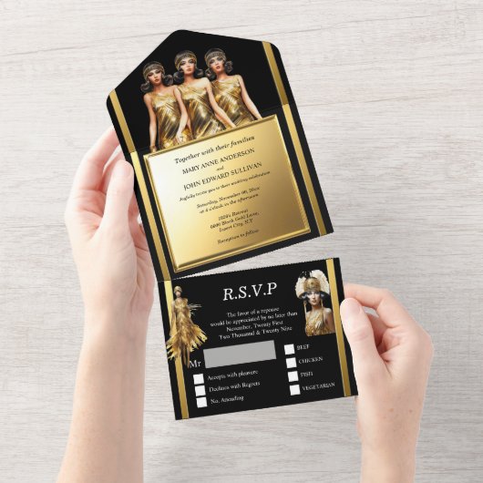 Geweldige gatsby bruiloft brullende twintiger flap all in one uitnodiging (Afscheurbaar)