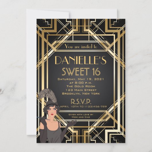 Geweldige Gatsby geïnspireerd Art Deco Sweet 16 Ui Kaart (Voorkant)