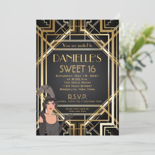 Geweldige Gatsby geïnspireerd Art Deco Sweet 16 Ui Kaart (Staand voorkant)