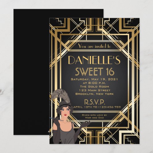 Geweldige Gatsby geïnspireerd Art Deco Sweet 16 Ui Kaart (Voorkant / Achterkant)