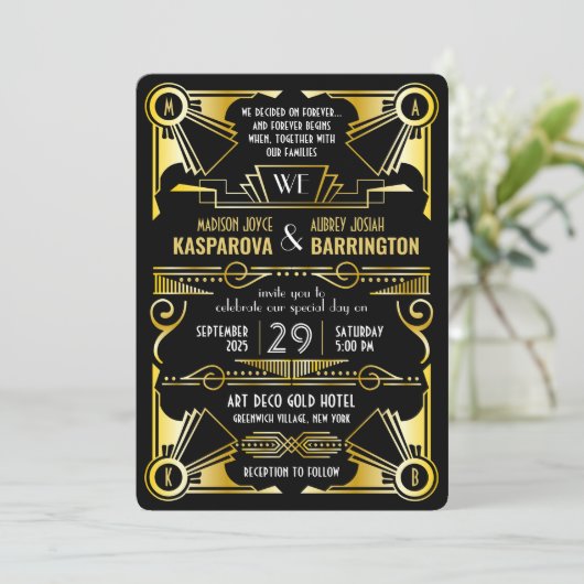 Geweldige Gatsby  Gold & Black Art Deco bruiloft Kaart (Staand voorkant)