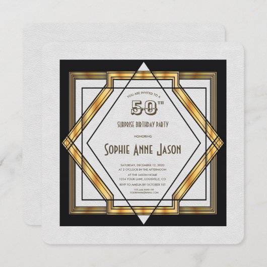 Geweldige Gatsby Gold White Art Deco 50th Birthday Kaart (Voorkant / Achterkant)