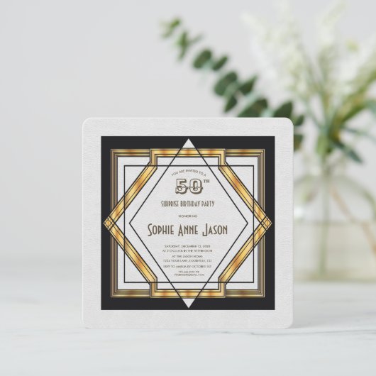 Geweldige Gatsby Gold White Art Deco 50th Birthday Kaart (Staand voorkant)