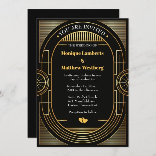 Geweldige Gatsby Wedding Art Deco Black & Gold  Kaart (Voorkant / Achterkant)
