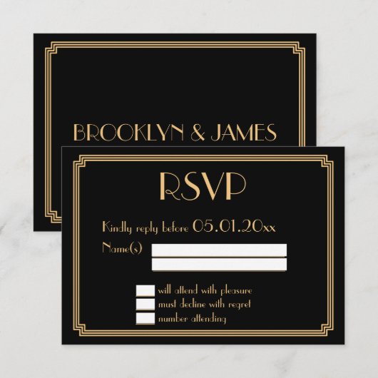 Geweldige Kaarten van Gatsby Art Deco Black Weddin RSVP Kaartje (Voorkant / Achterkant)