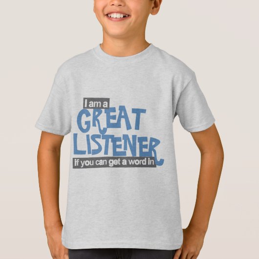 Geweldige luisteraar jongens blauwe slogan t-shirt (Voorkant)