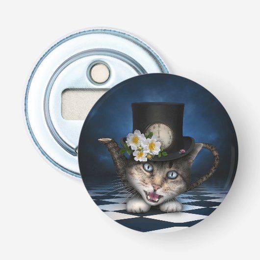 Geweldige Mad Hatter Theepot Cat Whimsical Design Button Flesopener (Voorkant)