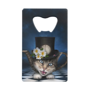 Geweldige Mad Hatter Theepot Cat Whimsical Design Creditkaart Flessenopener