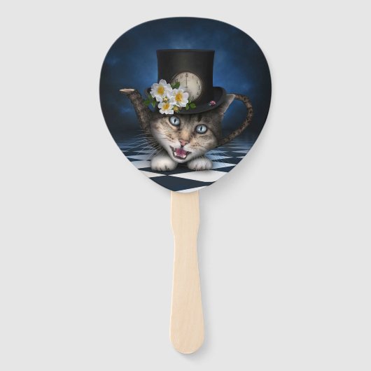 Geweldige Mad Hatter Theepot Cat Whimsical Design Handwaaier (Achterkant)