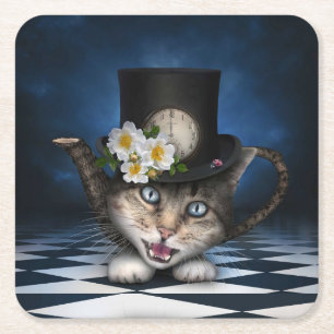 Geweldige Mad Hatter Theepot Cat Whimsical Design Kartonnen Onderzetters