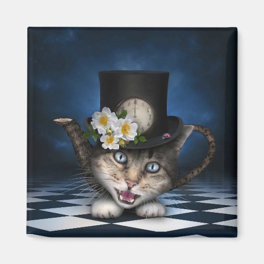 Geweldige Mad Hatter Theepot Cat Whimsical Design Magneet (Voorkant)