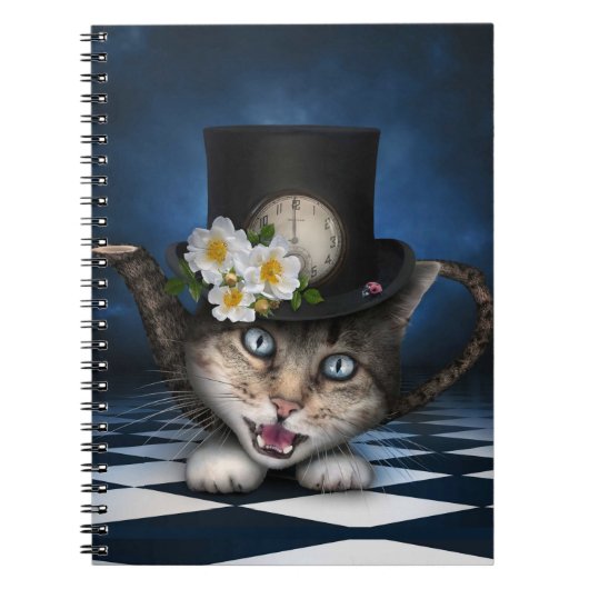 Geweldige Mad Hatter Theepot Cat Whimsical Design Notitieboek (Voorkant)