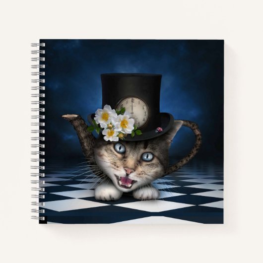 Geweldige Mad Hatter Theepot Cat Whimsical Design Notitieboek (Voorkant)