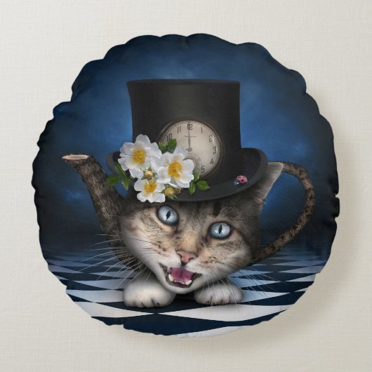 Geweldige Mad Hatter Theepot Cat Whimsical Design Rond Kussen (Voorkant)