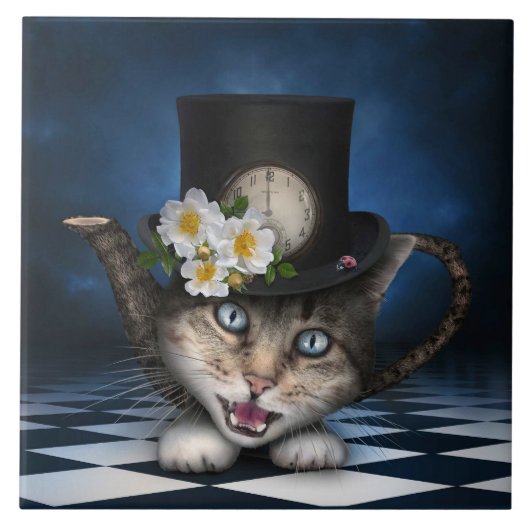 Geweldige Mad Hatter Theepot Cat Whimsical Design Tegeltje (Voorkant)