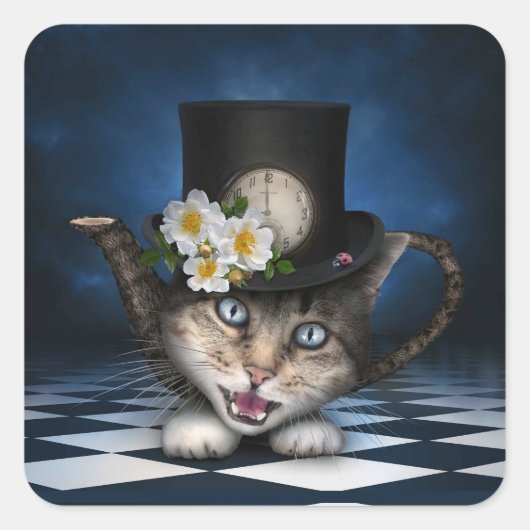 Geweldige Mad Hatter Theepot Cat Whimsical Design Vierkante Sticker (Voorkant)