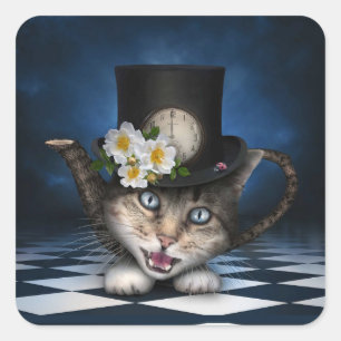 Geweldige Mad Hatter Theepot Cat Whimsical Design Vierkante Sticker
