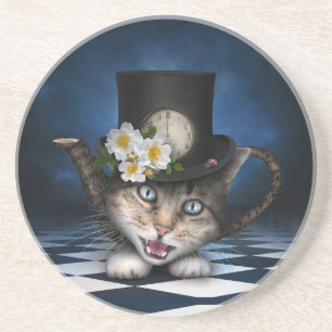Geweldige Mad Hatter Theepot Cat Whimsical Design Zandsteen Onderzetter