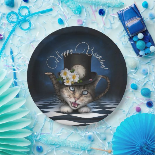 Geweldige Mad Hatter Theepot Kat Whimsical Verjaar Papieren Bordje (Feest)