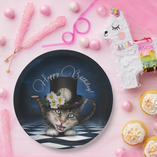 Geweldige Mad Hatter Theepot Kat Whimsical Verjaar Papieren Bordje (Feest)