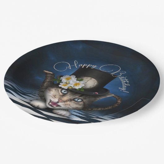 Geweldige Mad Hatter Theepot Kat Whimsical Verjaar Papieren Bordje (Gekanteld)