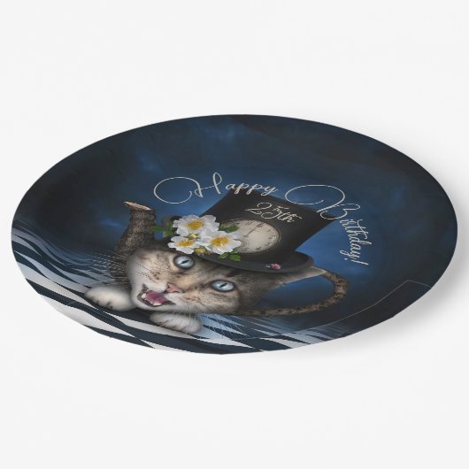 Geweldige Mad Hatter Theepot Kat Whimsical Verjaar Papieren Bordje (Gekanteld)