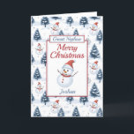 Geweldige neef Vrolijke Kerstman Feestdagen Kaart<br><div class="desc">Een mooie neef kerstkaart. Ontwerp patroon is voorzien van schattige sneeuwpoppen dragen rode kerstmutsen en sjaals en blauwe sneeuw bedekt voor bomen allemaal op een besneeuwde achtergrond. Alle tekst kan worden aangepast als dat nodig is om aan te passen - verander achterneef om achterneef kleinzoon, zoon of broer te neefje,...</div>