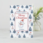 Geweldige neef Vrolijke Kerstmis Sneeuwman Flat Feestdagenkaart (Staand voorkant)