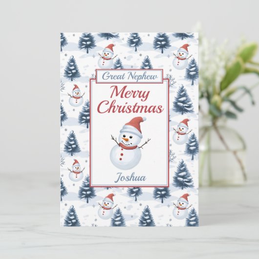 Geweldige neef Vrolijke Kerstmis Sneeuwman Flat Feestdagenkaart (Staand voorkant)
