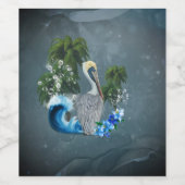 Geweldige pelikaan met golf- en palmbomen wijn etiket (Enkel label)